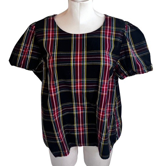 J.Crew Tops - J.Crew Re-Imagined Plaid Puff Sleeve Blouse XL Black Red Holiday Back Tie Top